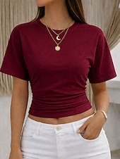 cheap Plain tee-Women's T Shirt Tee Top Ruched Solid Color Graphic Plain Fashion Stylish Classic Short Sleeve Crew Neck Round Neck Crop Tops Casual Daily Going out Black White Pink Gray Light Blue Summer Spring