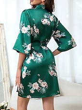 preiswerte Bademäntel für Damen-Damen Freizeitkleidung Robe Nachthemd Mode Lässig Blumen Grafik Satin-Seidenpyjamas Patchwork Kleid Urlaub Straße Date Langarm Rundhalsausschnitt Grün Sommer Frühling Normale Passform