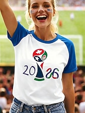economico Partita di Calcio Mondiale-t-shirt da calcio da donna con stampa grafica, lettera, elegante, classica, casual, manica corta, girocollo, top regolari, casual, quotidiano, blu, nero, rosso, verde, estate, primavera