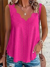 cheap Plain Tank-Women's Texture Blouse Eyelet Top Pointelle Tee Blouse Hollow Out Plain Casual Sleeveless V Neck Regular Tops Casual Daily Beach Blue Black White Yellow Pink Summer Spring
