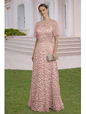 cheap Floor Length-A-Line Dress Floor Length Wedding Guest Dress Formal Dresses Evening Gown Mother of the Bride Dress Short Sleeve Crew Neck Elegant Simple Embellished Formal Lace with 3D Flowers