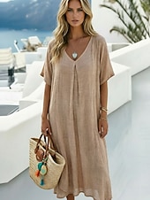 abordables Vestidos-Mujer Vestido Midi Vestidos con tacto de lino Moda Moderno Exterior Vacaciones Festivos Holgado Plano Manga Corta Escote en Pico Azul Real Naranja Verde Trébol Rosa Rojo Verano Primavera