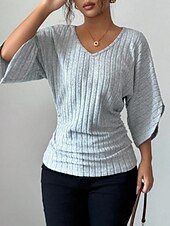 billige Enkle bluser-Dame Bluse Helfarge Stilfull Fritid 3/4 ermer V-hals Vanlige topper Daglig Grå Vår Høst