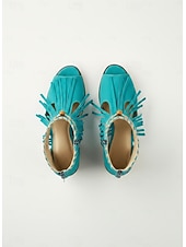baratos Sandálias de salto-sandálias femininas peep-toe com franjas estilo bohemiao azul e salto bloco – sapatos de verão abertos no estilo western para festivais de música e passeios casuais