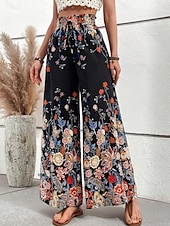 tanie szerokie nogawki i wysoki stan-Damskie Spodnie szerokie nogawki Typu Chino Urlop Codzienny Boho Pełna długość Wysoka talia Kwiaty Graficzny Elastyczny pas Nadruk Wygodne Miękka Wygodny Elastyczny Na zewnątrz Urlop Ulica Niebieski