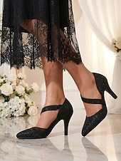 abordables Madre de la Novia/Novio-Zapatos de tacón Mary Jane negros con purpurina para mujer: elegantes zapatos de vestir de punta para la madre de la novia, boda en la ciudad. &amp;eventos formales
