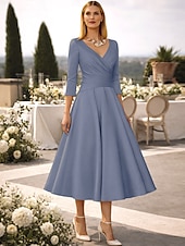 preiswerte Cocktailkleider-A-Linie Tee-Länge Cocktailkleider Partykleider Elegant Vintage Übergröße Dreiviertelarm V Ausschnitt Hochzeitsgast Satin mit Falten