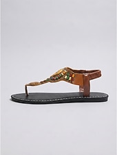 رخيصةأون صنادل مسطحة-صنادل نسائية بنية اللون بتصميم بوهيمي - صنادل غلادياتور مسطحة أنيقة مزينة بتطريزات خرزية ملونة مستوحاة من التراث القبلي وحزام خلفي مطاطي، مثالية لعطلات الشاطئ، والسفر إلى الجزر الصيفية، والارتداء اليومي في المنتجعات.