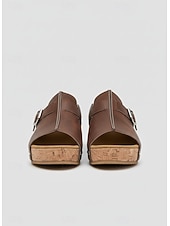 baratos Sandálias plataforma anabela-Sandálias femininas pretas de plataforma com tachas - modelo casual com fivela e sola de cortiça, ideais para passeios no parque, brunch, compras e encontros em terraços.