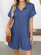 olcso nyaralás jumpsuit-Női Rugdalózók Aktív Tömör szín Rövid ujjú Széles lábszár Állógallér Zseb Gombok Napi Vakáció Laza öltözet Medence Arcpír rózsaszín Bor Nyár