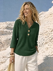 Χαμηλού Κόστους Απλές μπλούζες-Γυναικεία Βάφλα πουκάμισο Μπλούζα Κουμπιά Συμπαγές Χρώμα Στυλάτο Καθημερινό Μακρυμάνικο Λαιμόκοψη V Κανονικά μπλουζάκια Καθημερινά Θαλασσί Κίτρινο Ρουμπίνι Βυσσινί Πράσινο του τριφυλλιού