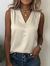  Pentru femei Top din satin Bluză Nasturi Culoare solidă Stilat De Bază Casual Fără manșon În V Topuri obișnuite Casual Zilnic Albastru piscină Alb Bleumarin Kaki Caisă Vară Primăvară