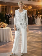 cheap Mom's Pant Suits-3 Piece Pantsuit Floor Length Mother of the Bride Dress Sleeveless 3/4 Length Sleeve Scoop Neck Elegant Simple Embellished Formal Wedding Guest Formal Evening Chiffon Sequined with Sequin