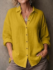 お買い得  エッセンシャルフェイクシャツ-女性用 シャツ ブラウス フェイクリネンシャツ 純色 ベーシック カジュアル 長袖 ラペル レギュラートップス カジュアル 日常 ブルー ブラック ホワイト イエロー ピンク 夏 春