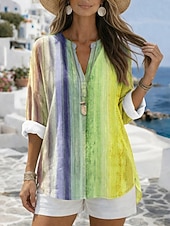 cheap Art&amp;Design Blouses-Women's Blouse Print Graphic Geometric Vintage Daily Stylish Long Sleeve V Neck Regular Tops Casual Daily Holiday Blue Yellow Purple Orange Summer Spring