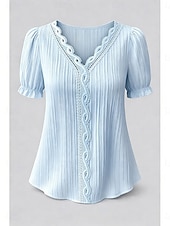  Femmes T-shirt Dentelle Patchwork Uni Mode Élégant Classique Manche Courte Col en V Hauts Réguliers Quotidien Sortir Week-end Blanche Jaune Bleu Ciel Violet Été Printemps