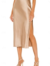 economico Gonne Formali-Per donna Gonne in raso Elegante Moda Midi Vita Alta Gonne Semplice Con Spacco Micro-elastico Feste Data Nero Champagne Marrone Verde Estate