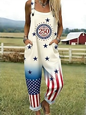  Amerykański Dzień Niepodległości damski kombinezon aktywny graficzny bez rękawów bez rękawów prosty kwadratowy dekolt patchworkowa kieszeń codzienna plaża luźny krój niebieski czerwony lato