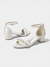 cheap Heeled Sandals-Women's Navy Pearl Embellished Chunky Heel Sandals - Elegant Ankle Strap Cocktail Party Dress Shoes
