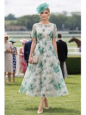 preiswerte Cocktailkleider-A-Linie Tee-Länge Cocktailkleider Kleider für Hochzeitsgäste Elegant Kurzarm U-Boot-Ausschnitt Gartenparty Formell Jacquard mit Blumenmuster Druck