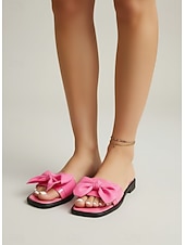 voordelige Slide Sandalen-Opvallende roze slippers met strik voor dames - chique platte slippers met vierkante neus en oversized decoratieve knopen, perfect voor luxe hotelvakanties en stranduitjes. &amp;zomerresort luieren