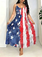  Amerykański Dzień Niepodległości Damskie Sukienka maxi Sukienka letnia Sukienka A line Sukienka na ramiączkach Urlop Codzienny Plaża Wyjściowe Regularny Graficzny Gwiazdy i paski Bez rękawów W serek