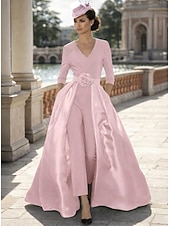 voordelige Mama&amp;#39;s jumpsuits-Broek Strijksleep Moeder van de bruid jurk 3/4 mouw V-hals Elegant Eenvoudig Zwart jurkje Bruiloft gast Formele avonden Stretchstof met Effen kleur