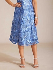 preiswerte Einfaches Kleid-Damen Midikleid A Linie Kleid Elegant Täglich Hochzeitsgast Pailletten Bestickt Normale Passform Blumen Kurzarm Rundhalsausschnitt Wedgewood