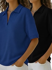  Multipack mit 2 Damen-Waffel-T-Shirts, Poloshirts, Waffelstrick-Tops, schlichte, modische Basics, klassische Kurzarm-Hemdkragen-Tops, lässige Alltags-Strand-Tops, gelb + orange