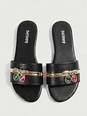 cheap Slide Sandals-Women's Embellished Slide Sandals – Flat Slip-On Beach Sandals with Gemstone &amp; Gold Detail, Boho Chic Resort Style for Summer Island Vacation &amp; Seaside Wear