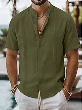 abordables Vacances-Men's Shirt Linen Shirt Summer Shirt Beach Shirt Summer Hawaiian Shirt Solid Color Casual Daily Blue Dark Yellow Navy Blue Green Short Sleeve Collar Spring &amp; Summer Summer Clothing Apparel Ruched