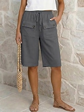 billiga Botten-Dam Byxor med linnekänsla Bermudashorts Capribyxor Shorts Semester Streetwear Grundläggande Knelängd Medium Midja Ensfärgat Slät Ficka Elastiskt midjeband Komfort Andningsfunktion Oelastisk Dagligen
