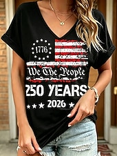  American Independence Day Women's T Shirt Print Graphic American Flag Vintage Stylish Classic Short Sleeve V Neck Regular Tops Casual Daily Weekend Blue Black Red Summer Spring