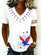 día de la independencia americana Mujer Camiseta Estampado Graphic Bandera estadounidense Vintage Elegante Clásico Manga Corta Escote en Pico Tops regulares Diario Fin de semana Blanco Azul claro