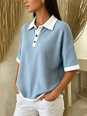  Women's Waffle T-shirt Polo Shirts Tee Waffle Knit Tops Color Block Fashion Classic Patchwork Short Sleeve Polo Collar Long Tops Casual Daily Beach Wear Blue Pink Red Green Summer Spring