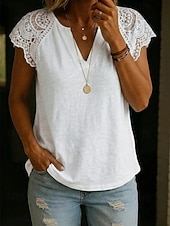 cheap Plain tee-Women's Blouse Solid Color Vintage Stylish Basic Short Sleeve V Neck Regular Tops Daily Blue Black White Yellow Pink Summer Spring