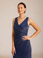 billiga Blommig klänning-Dam Maxiklänning Sheath Dress Wrapklänning Elegant Kvällsfest Bröllopsgäst Plisserad Metallisk Normal Ensfärgat Ärmlös V-hals Marinblå