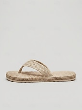 ieftine Sandale tip slide-Sandale damă din paie țesute - sandale tip tanga din iută naturală cu barete împletite pentru vacanțe la plajă, sărbători de vară &amp;ținute casual pentru piscină