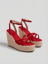 abordables Sandalias de cuña-Sandalias de cuña tipo alpargata para mujer, sandalias de plataforma con tiras y hebilla en el tobillo, zapatos bohemios de verano para la playa, cruceros y vestidos.