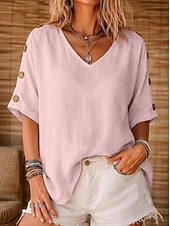 economico Camicie-Per donna Camicia Camicie di cotone e lino Blusa Bottoni Tinta unica Essenziale Casual Manica Corta Manica a pipistrello Collo a U Top Regolari Casuale Quotidiano Bianco Giallo Verde chiaro Rosa Rosso