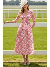 preiswerte Cocktailkleider-A-Linie Knöchellänge Cocktailkleider Partykleider Elegant Vintage Halbarm V Ausschnitt Hochzeit Formell Jacquard mit Blumenmuster Schlitz Tasche