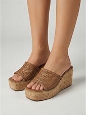 abordables Sandalias de cuña-Women's Cream Woven Wedge Slides - Braided Platform Sandals &amp; Cork-Texture Sole for Outdoor Vacations, Summer Travel &amp; Beach Resort Wear