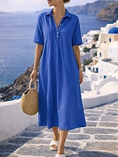 Χαμηλού Κόστους Φορέματα-γυναικείο φόρεμα μίντι βαμβακερό φόρεμα σαν λινό φόρεμα πουκάμισο σε γραμμή a casual καθημερινό φαρδιά εφαρμογή μονόχρωμο κοντομάνικο πέτο μπλε μαύρο κίτρινο ροζ καλοκαίρι άνοιξη φθινόπωρο