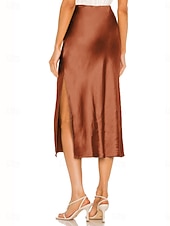 economico Gonne Formali-Per donna Gonne in raso Elegante Moda Midi Vita Alta Gonne Semplice Con Spacco Micro-elastico Feste Data Nero Champagne Marrone Verde Estate