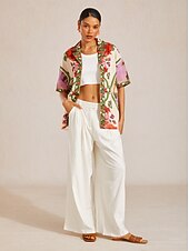 halpa Kukalliset paidat-Havaijilainen palmukuvioinen ilmava pellavakuvioinen kukkakuvioinen paita