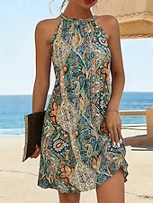 economico Abiti Boho-Per donna Abito al ginocchio Abito a trapezio Abito Estivo Vacanza Casual Vestibilità regolare Grafico Boho Paisley Damasco Senza Maniche All'americana Giallo Rosso Arancione Verde Estate Primavera