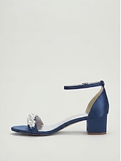cheap Heeled Sandals-Women's Navy Pearl Embellished Chunky Heel Sandals - Elegant Ankle Strap Cocktail Party Dress Shoes