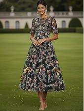 Недорогие Длина щиколотки-А-силуэт Платья Ниже колена Коктейльные платья Свадебное платье для гостей Платье для матери невесты Рукав до локтя Вырез под горло Вырез лодочкой Элегантный стиль На каждый день