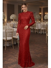 economico Abiti da sera a tubino-Tubino Colonna Lunghezza al pavimento Abito da invitata a nozze Abito Formale Abito da sera Abiti da Ballo Elegante Manica Lunga Girocollo Balli di fine anno Formale Con Paillettes con Glitter