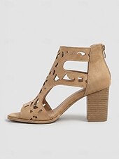 abordables Sandales à talons-Sandales à talons carrés camel pour femmes – bottines à bout ouvert avec découpe laser, fermeture éclair à l'arrière, élégantes pour une garden-party &amp;vêtements d'été